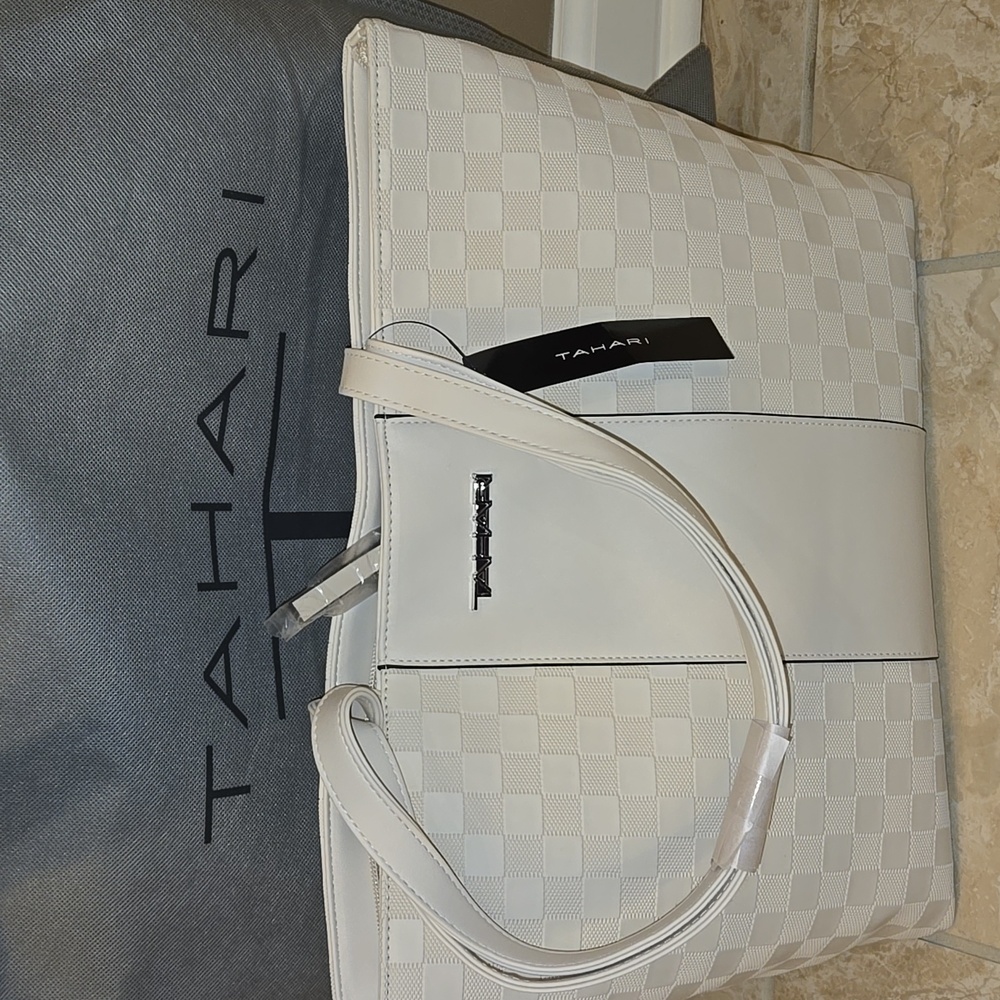 2 Piece Tahari White Checkered Tote Bag With Purse Bag NWT